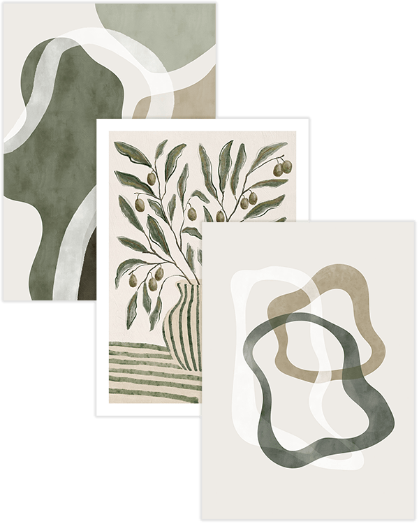 Lot de posters aux motifs organiques verts et beiges, dont un vase avec des branches dolivier.