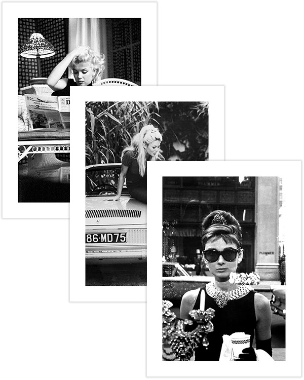Lot de posters noir et blanc de célébrités iconiques, Marilyn Monroe lisant, Brigitte Bardot sur une voiture et Audrey Hepburn.