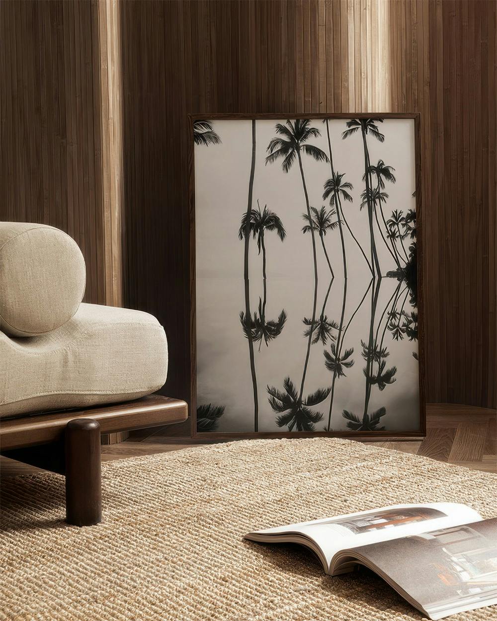 Affiche de palmiers noirs et blancs avec reflet, posée sur le sol dun salon moderne avec tapis en jute et fauteuil.