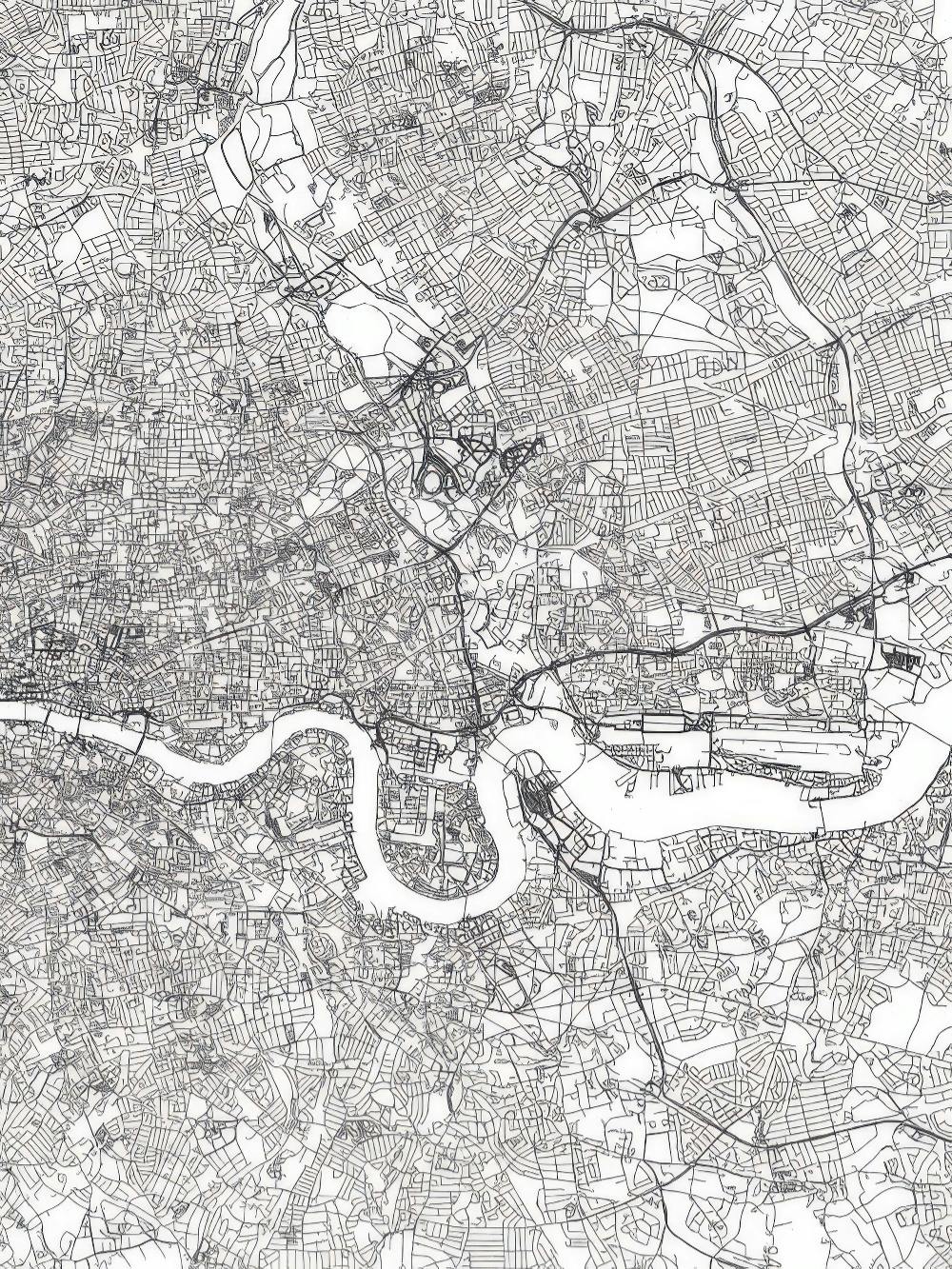 Affiche noire et blanche de la carte de Londres, avec la Tamise sinueuse au centre.