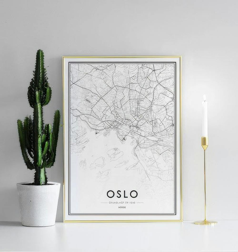 Affiche noire et blanche représentant une carte dOslo, posée sur une étagère blanche avec un cactus et un chandelier.