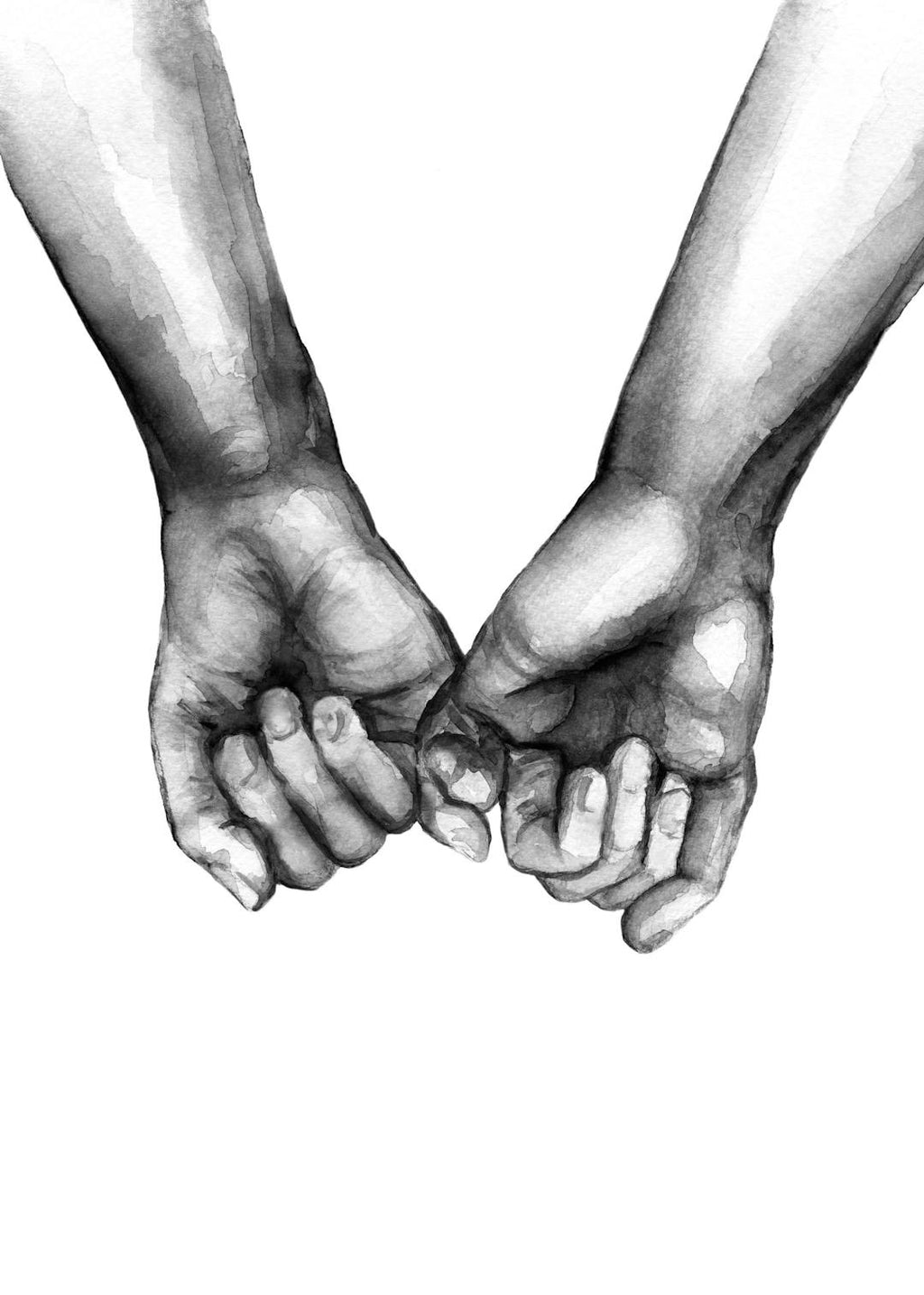 Affiche noir et blanc de deux mains se tenant par lauriculaire, illustration à laquarelle avec détails et typographie subtile