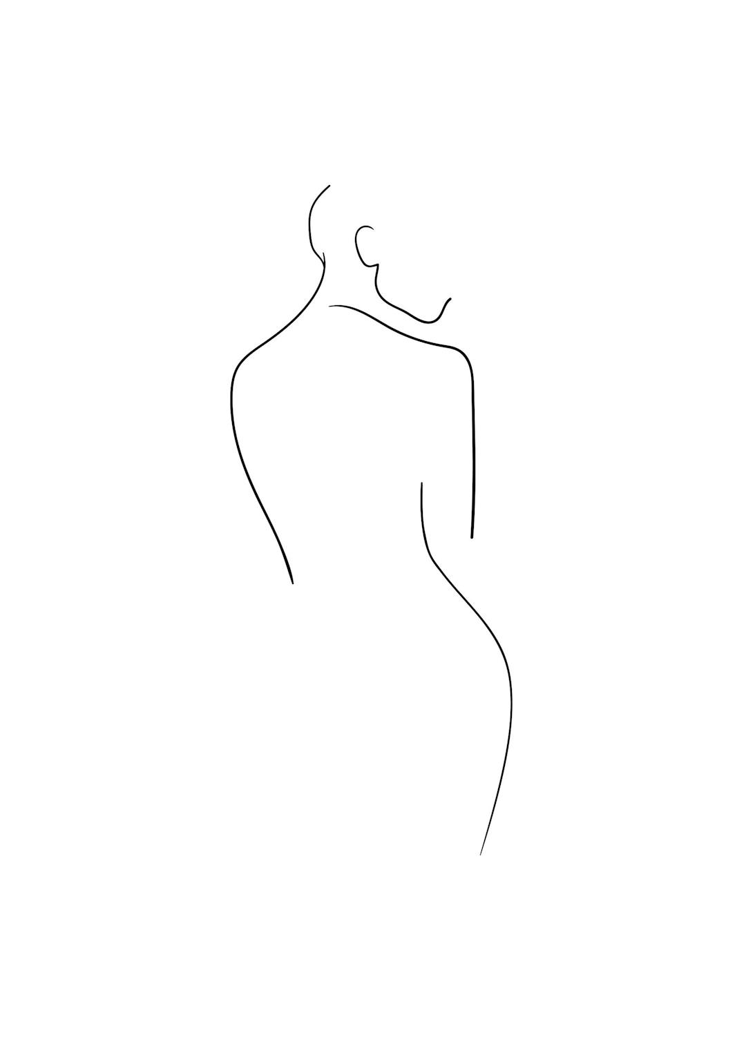 Affiche dun nu féminin de dos en dessin au trait minimaliste noir sur fond blanc