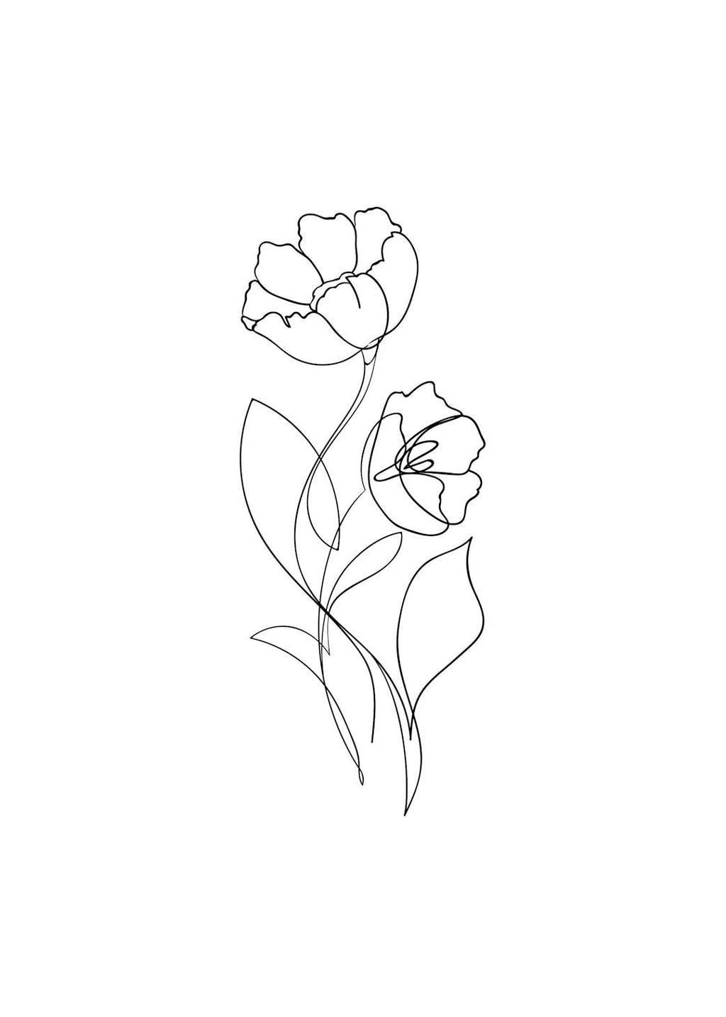 Affiche noir et blanc minimaliste dune fleur épanouie avec des lignes fines et stylisées.