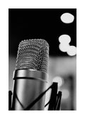 Affiche noir et blanc, gros plan dun microphone de studio, avec un effet bokeh en arrière-plan. Typographie sur laffiche.