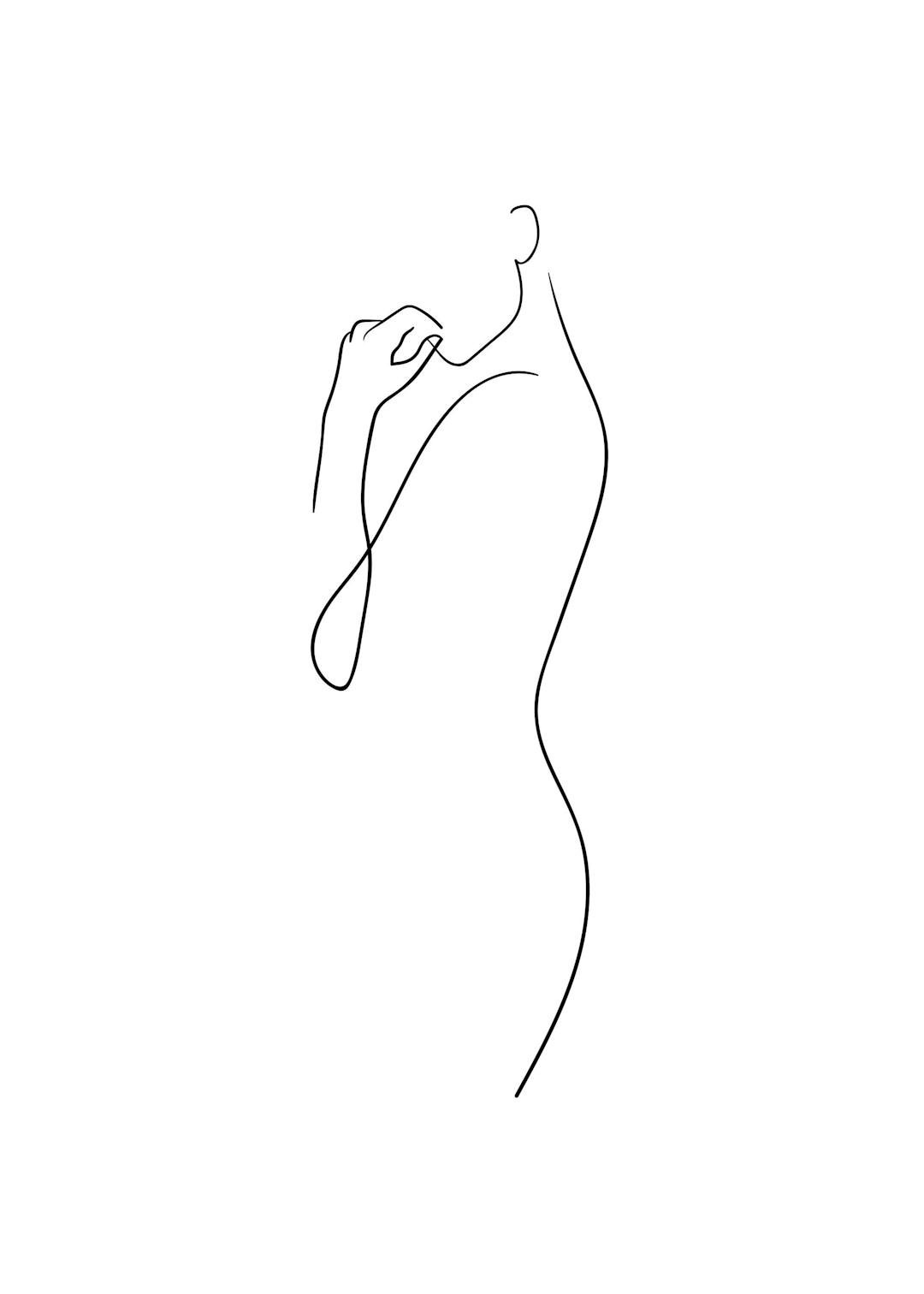 Affiche dune silhouette féminine en line art noir sur fond blanc, style minimaliste.