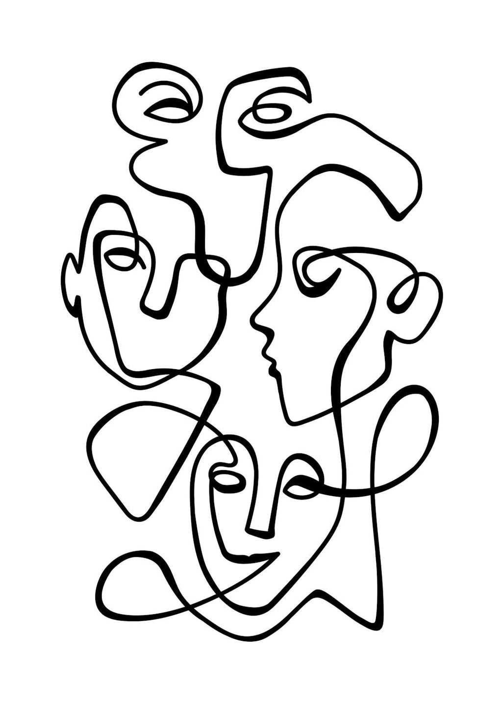 Affiche noir et blanc, portraits abstraits de personnes reliés par une ligne continue, typographie moderne