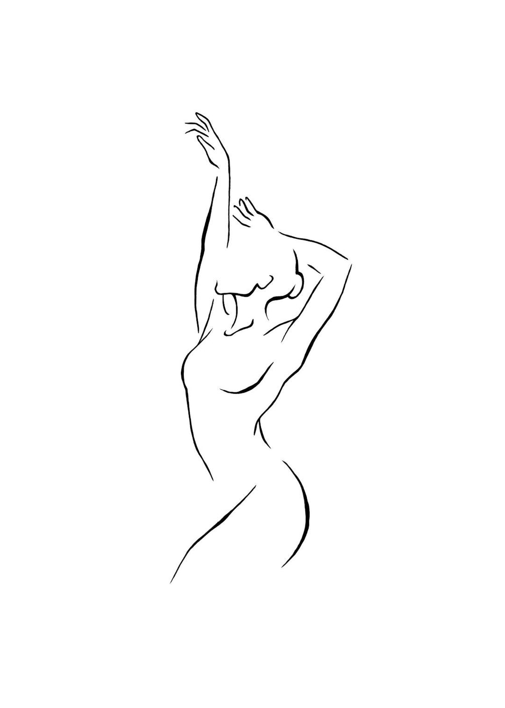 Affiche dune danseuse en ligne art, silhouette féminine abstraite au corps courbé et aux bras levés