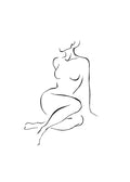 Affiche dune silhouette de femme nue en pose assise, dessinée au trait noir sur fond blanc, style croquis à lencre.
