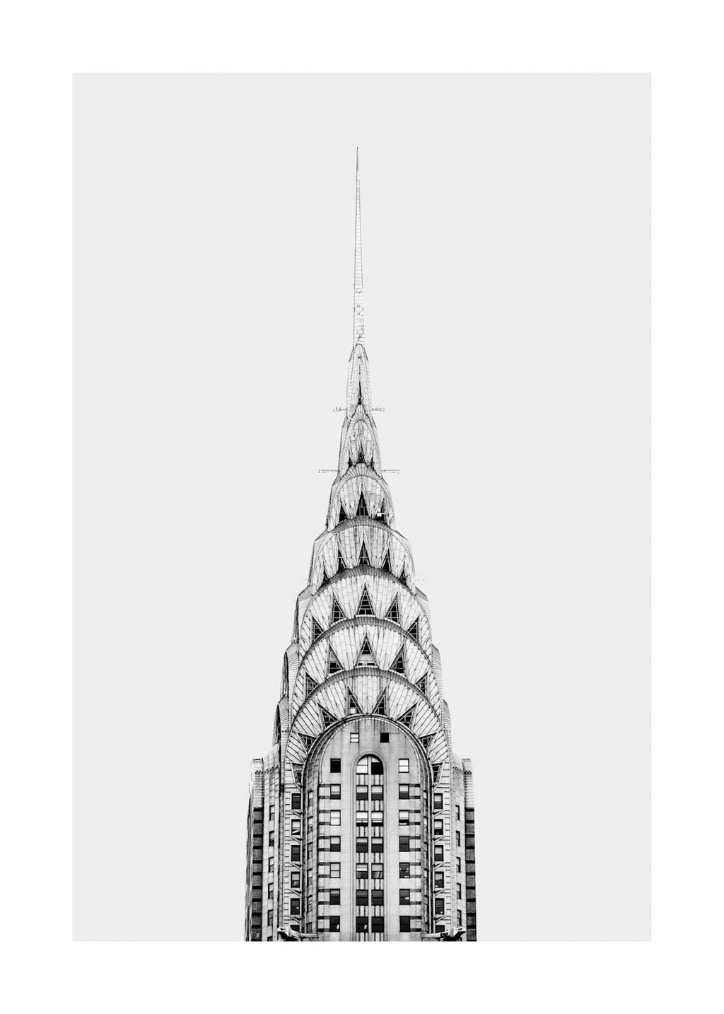 Affiche noir et blanc du sommet du Chrysler Building de New York, typographie