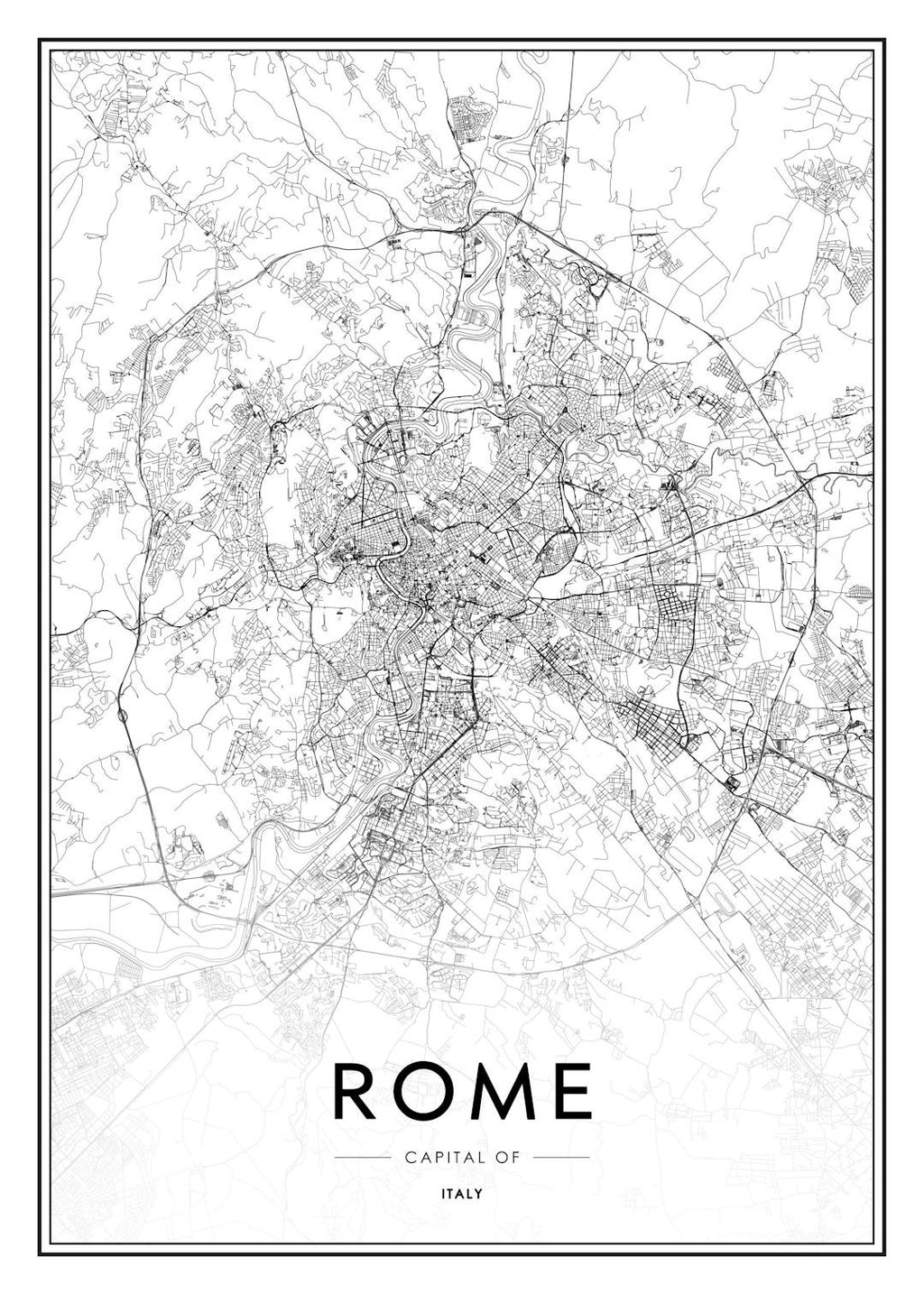 Affiche de la carte de Rome en noir et blanc, avec typographie Rome Capital of Italy en bas