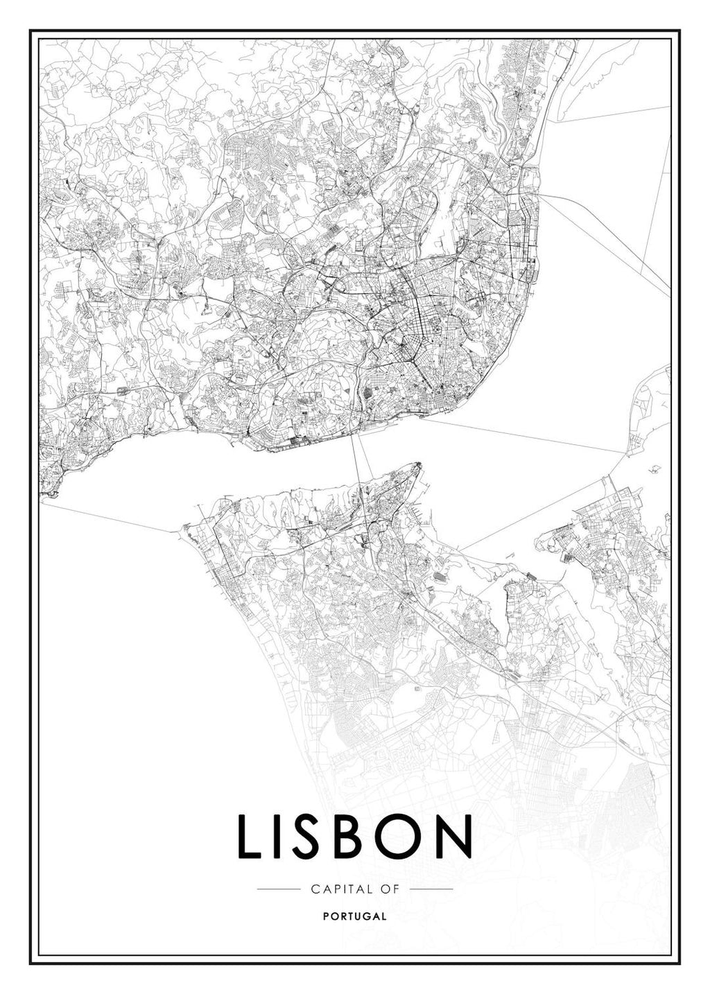 Affiche de la carte de Lisbonne en noir et blanc, présentant la typographie Lisbonne, Capital du Portugal.