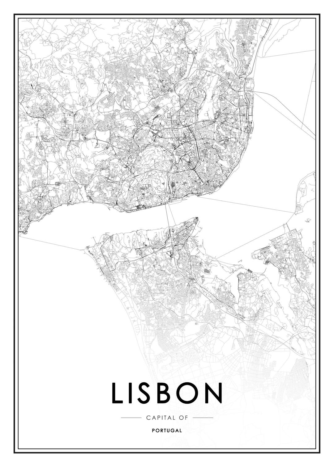 Affiche de la carte de Lisbonne en noir et blanc, présentant la typographie Lisbonne, Capital du Portugal.