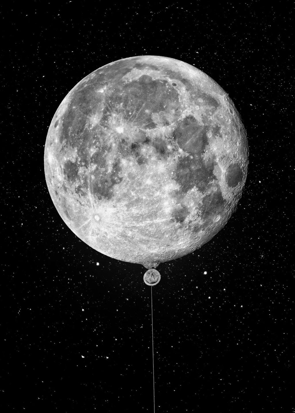 Affiche de la lune en forme de ballon, suspendue dans un univers étoilé sombre