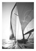 Affiche noir et blanc dun voilier sur leau, avec les voiles gonflées par le vent et le soleil en arrière-plan