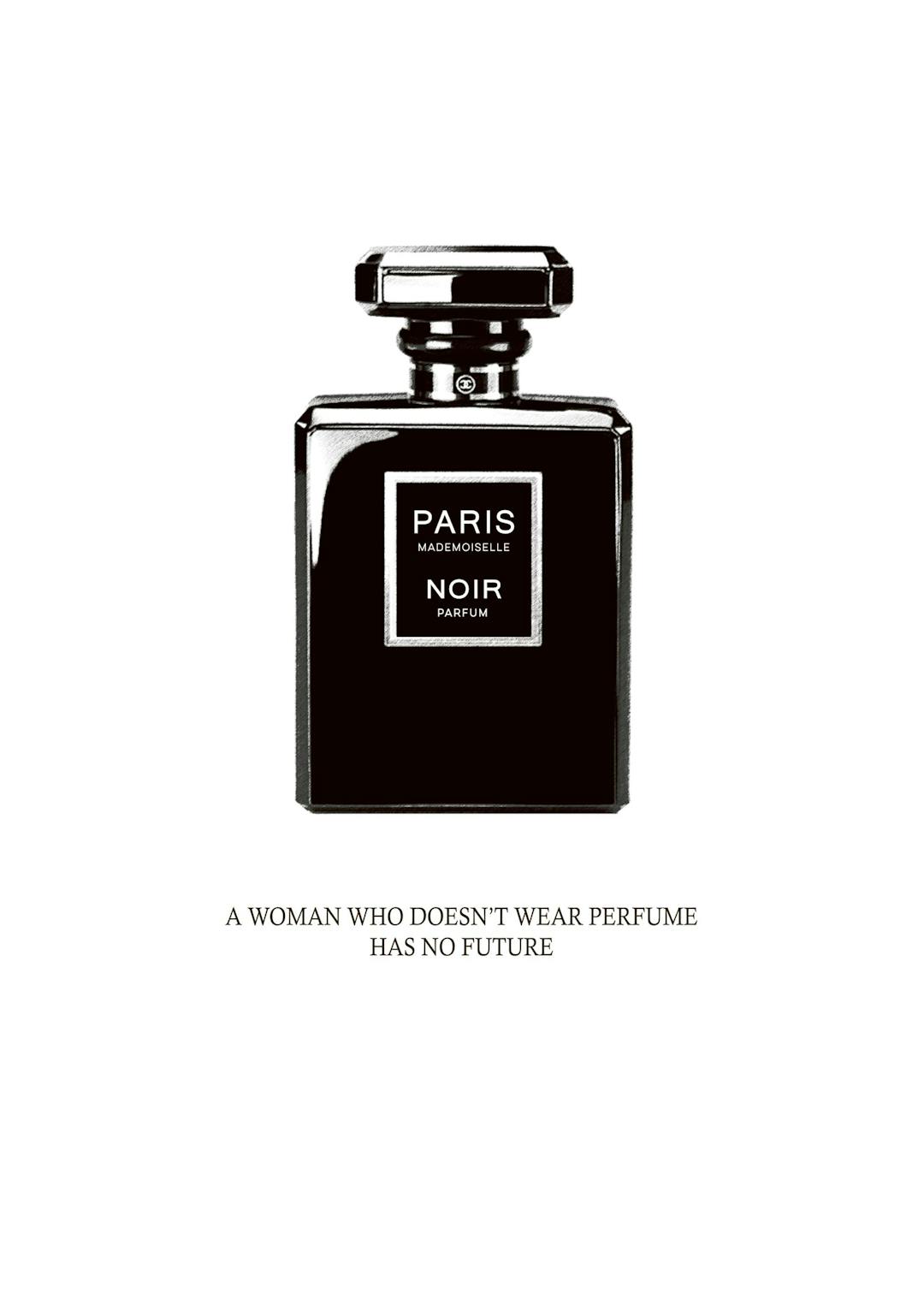 Affiche noir et blanc dune bouteille de parfum avec le texte PARIS MADEMOISELLE NOIR PARFUM et une citation de Coco Chanel.