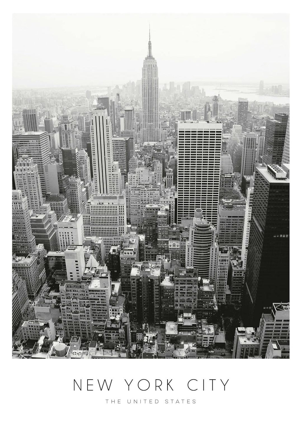 Affiche noir et blanc de la ville de New York, avec ses gratte-ciel emblématiques et le texte New York City The United States
