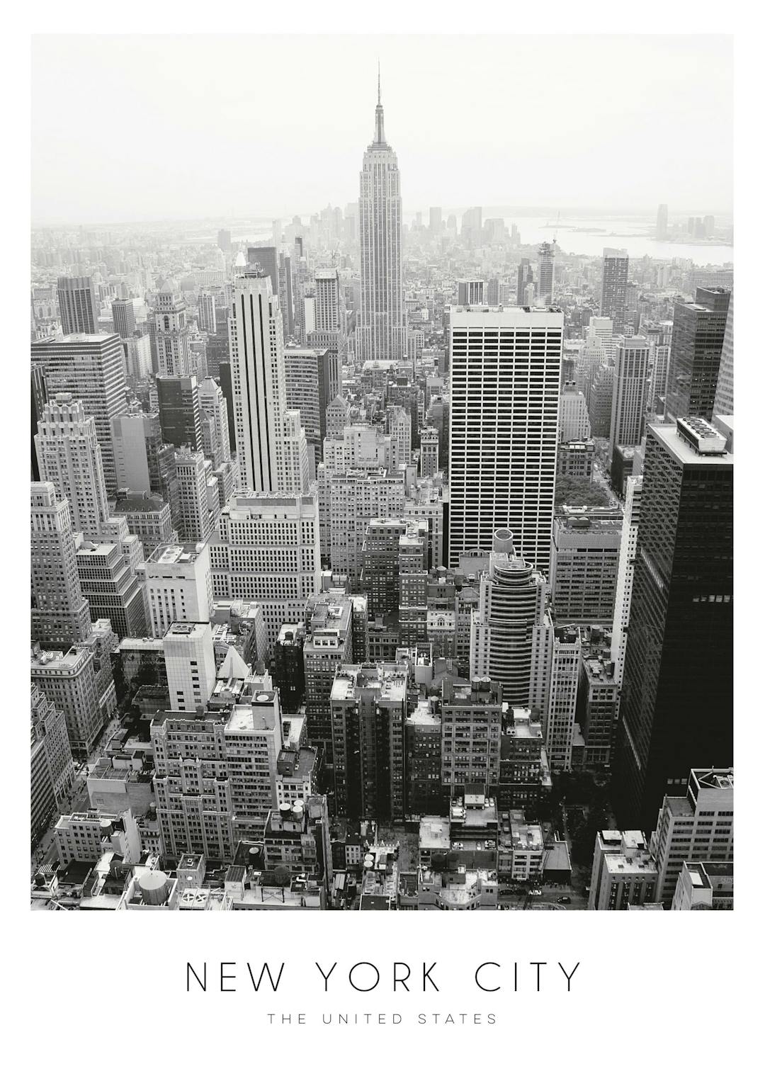 Affiche noir et blanc de la ville de New York, avec ses gratte-ciel emblématiques et le texte New York City The United States