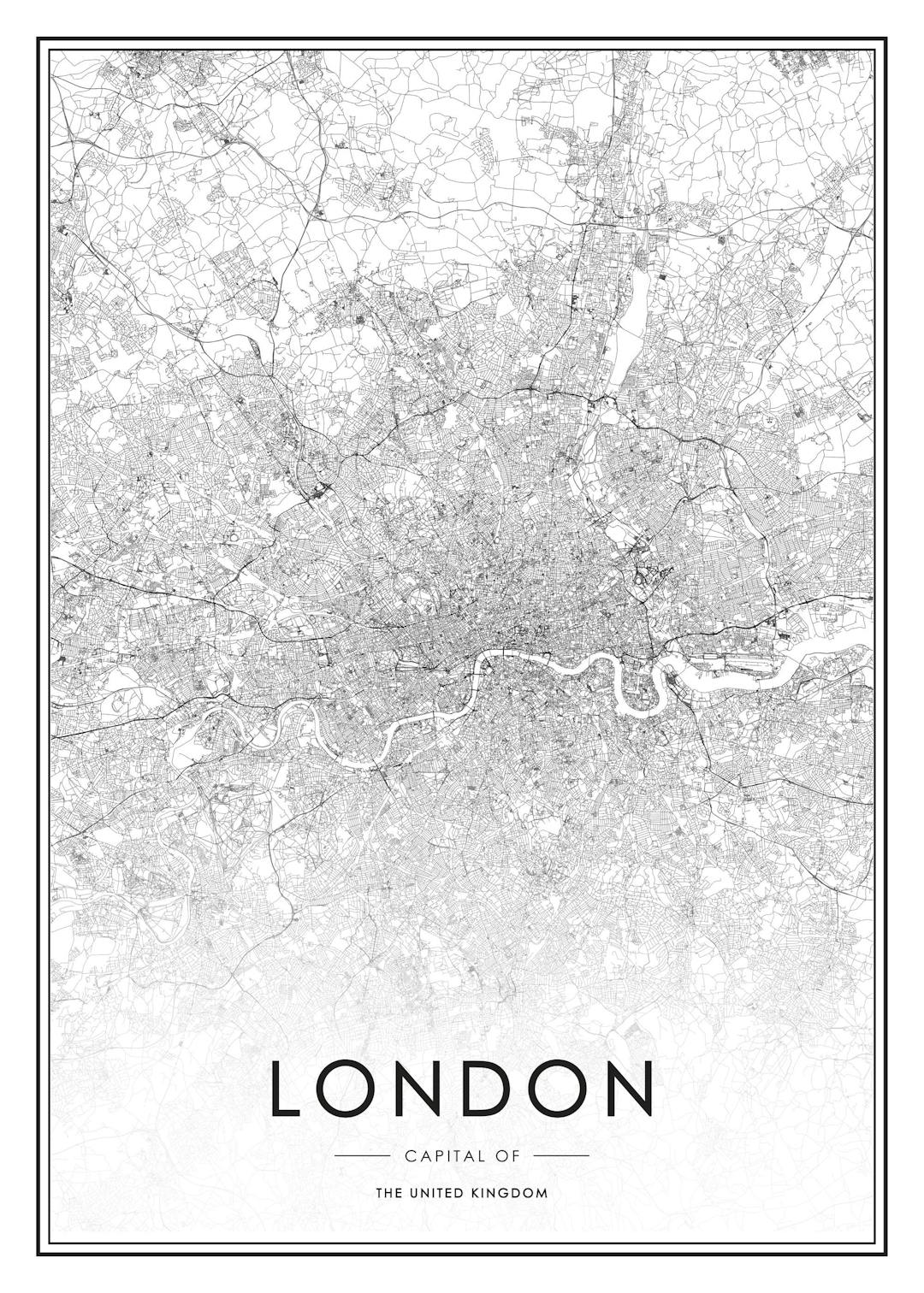 Affiche noir et blanc de la carte de Londres avec typographie