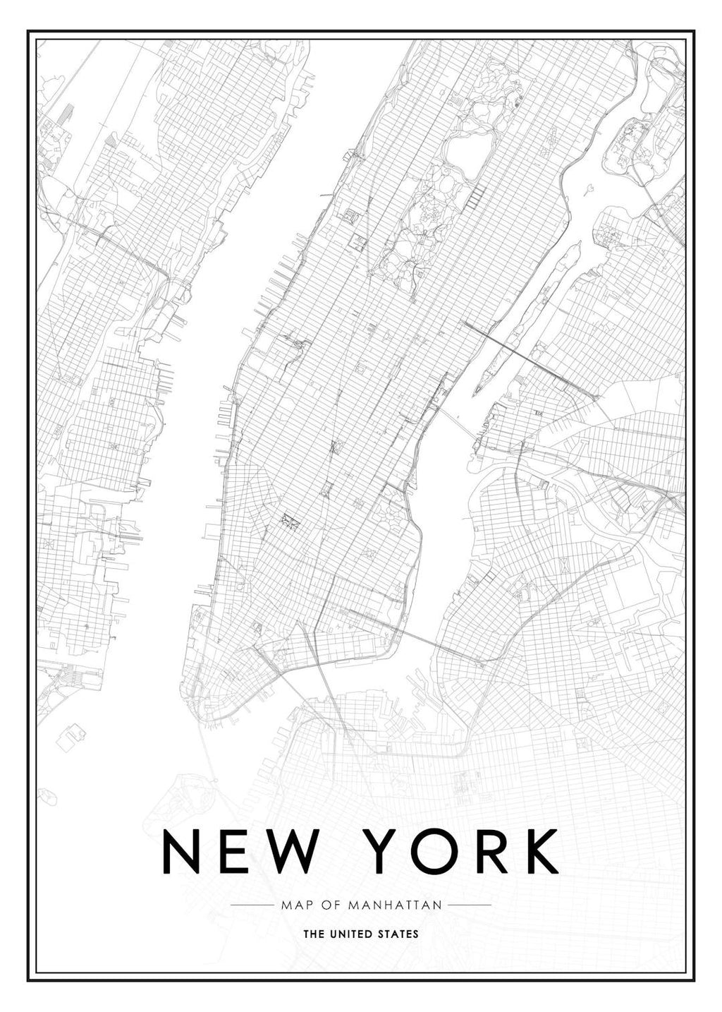 Affiche de la carte de New York en noir et blanc avec typographie New York City