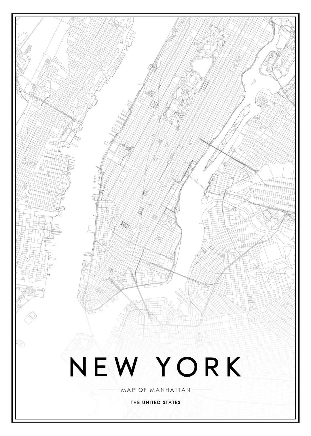Affiche de la carte de New York en noir et blanc avec typographie New York City