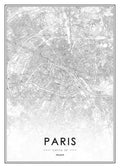 Affiche de la carte détaillée de Paris en noir et blanc, avec une typographie simple et élégante