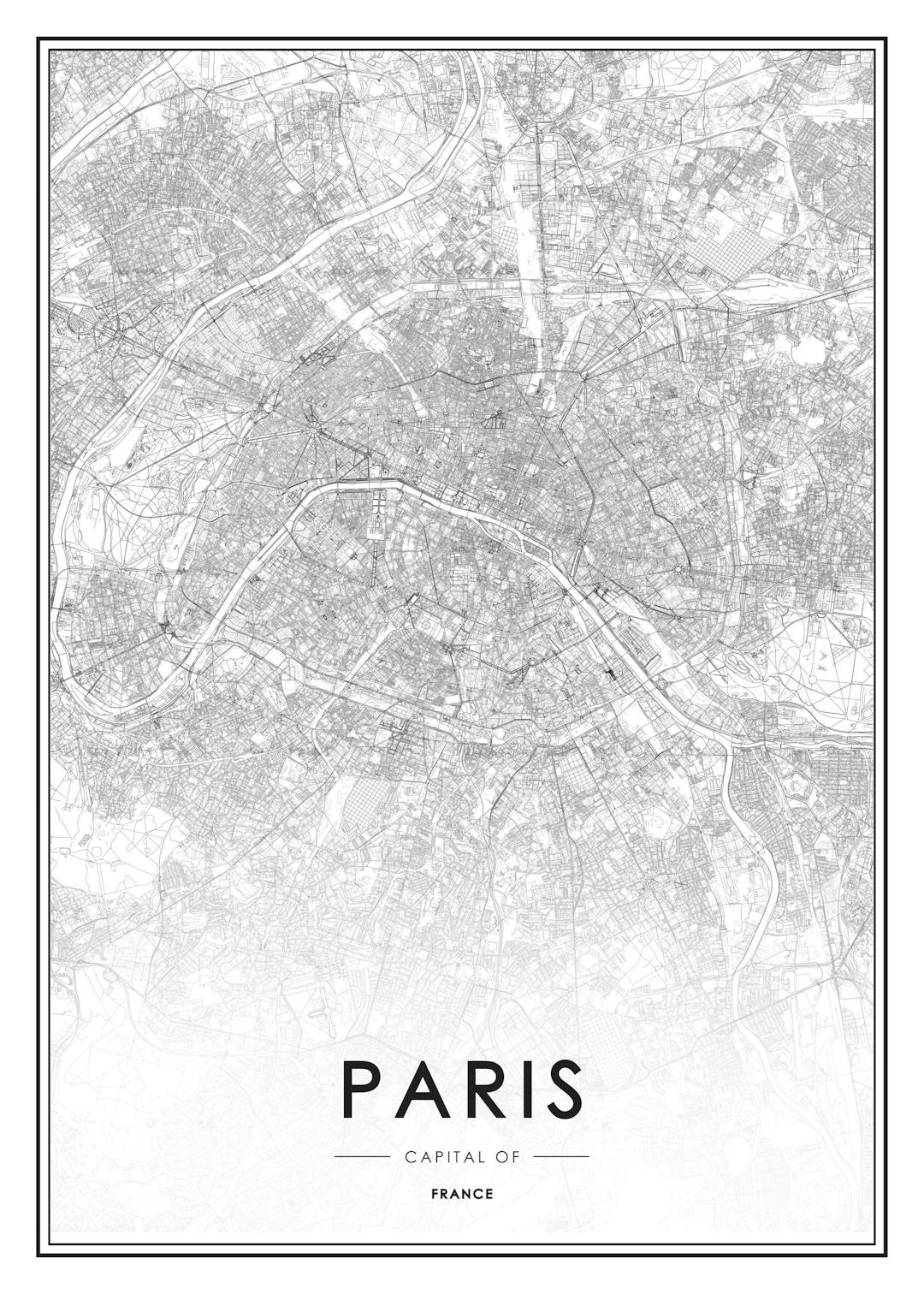 Affiche de la carte détaillée de Paris en noir et blanc, avec une typographie simple et élégante