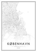 Affiche noir et blanc de la carte de Copenhague avec typographie, montrant les rues et le littoral de la ville.