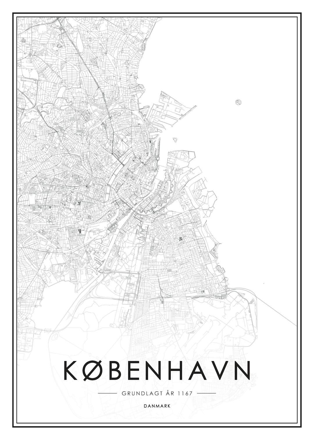 Affiche noir et blanc de la carte de Copenhague avec typographie, montrant les rues et le littoral de la ville.
