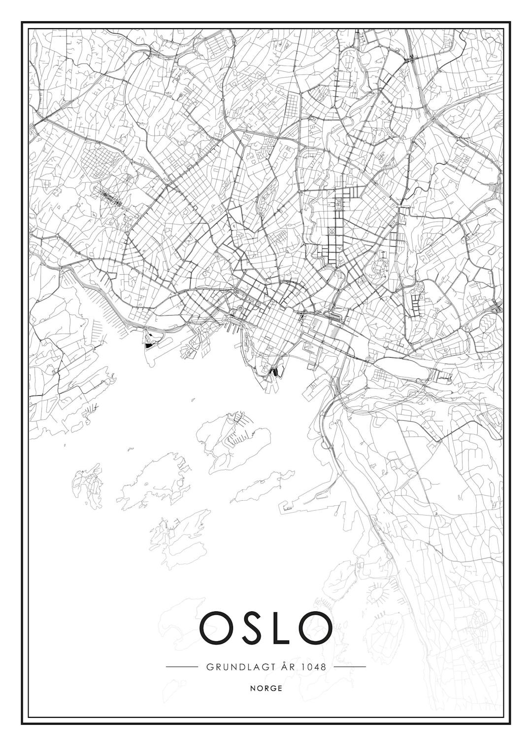 Affiche noir et blanc avec la carte détaillée dOslo, présentant les rues, le littoral et les îles.