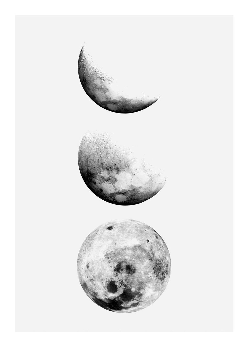 Affiche noir et blanc de trois lunes avec différentes phases de croissance, sur fond gris clair