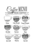 Affiche de menu de café en noir et blanc avec neuf tasses affichant différentes recettes et typographie.