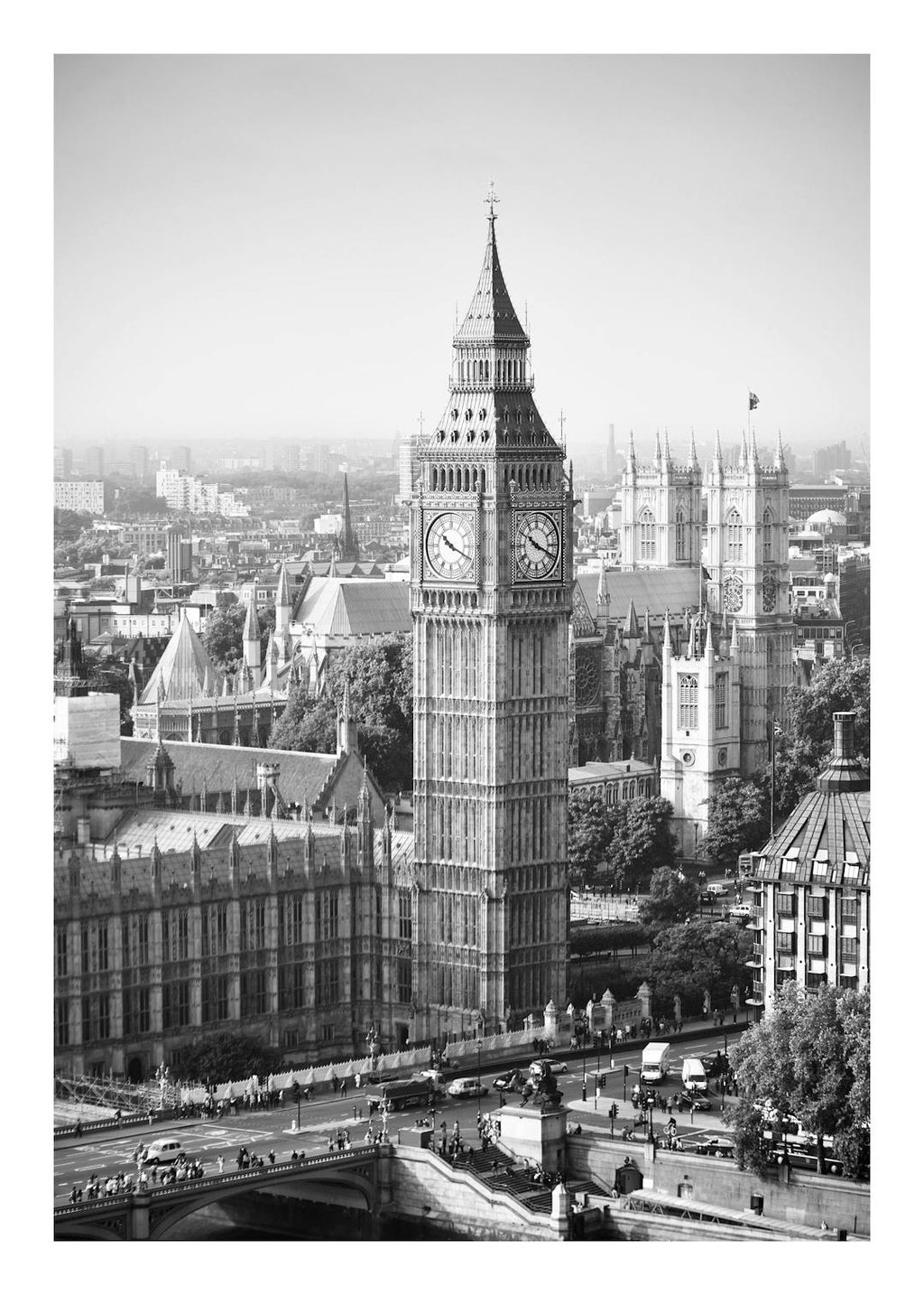 Affiche noir et blanc du Big Ben et du Parlement britannique à Londres, avec une typographie urbaine