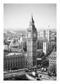 Affiche noir et blanc du Big Ben et du Parlement britannique à Londres, avec une typographie urbaine