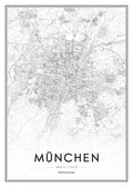 Affiche noir et blanc de la carte de Munich avec typographie moderne et coordonnées, idéale pour une déco tendance ou vintage.