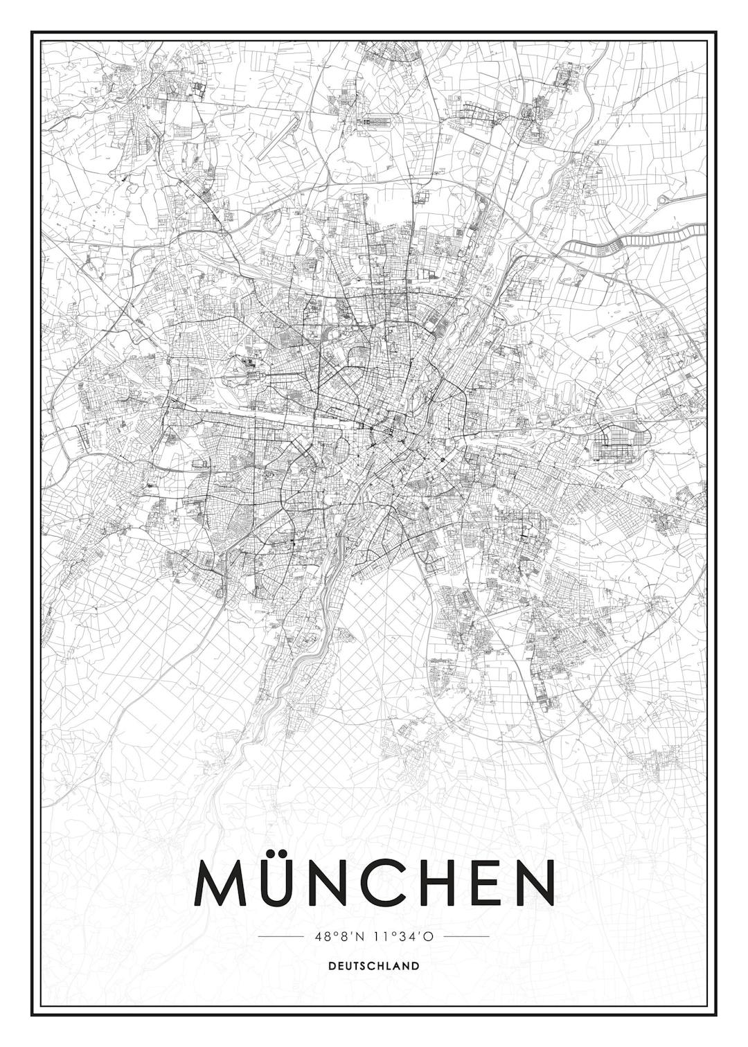 Affiche noir et blanc de la carte de Munich avec typographie moderne et coordonnées, idéale pour une déco tendance ou vintage.