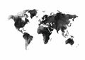 Affiche de carte du monde en aquarelle noire et blanche, avec des détails texturés et un style artistique unique.