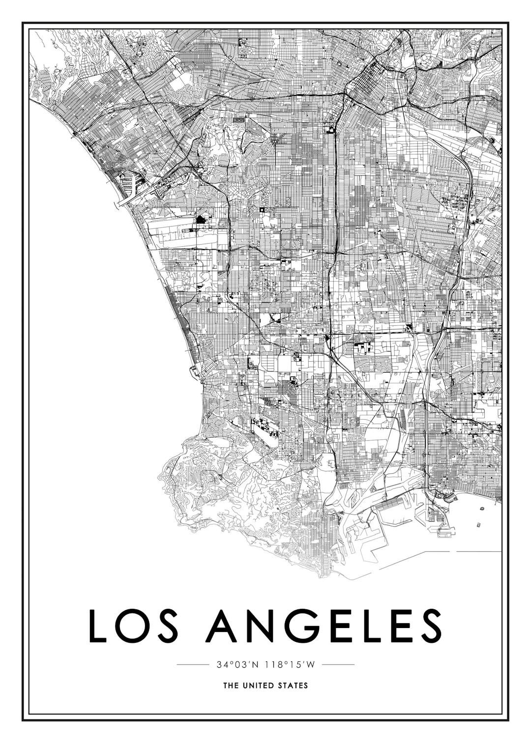 Affiche de la carte de Los Angeles en noir et blanc avec typographie moderne