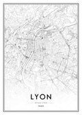 Affiche de Lyon, carte topographique détaillée de la ville en noir et blanc avec typographie du nom de la ville.
