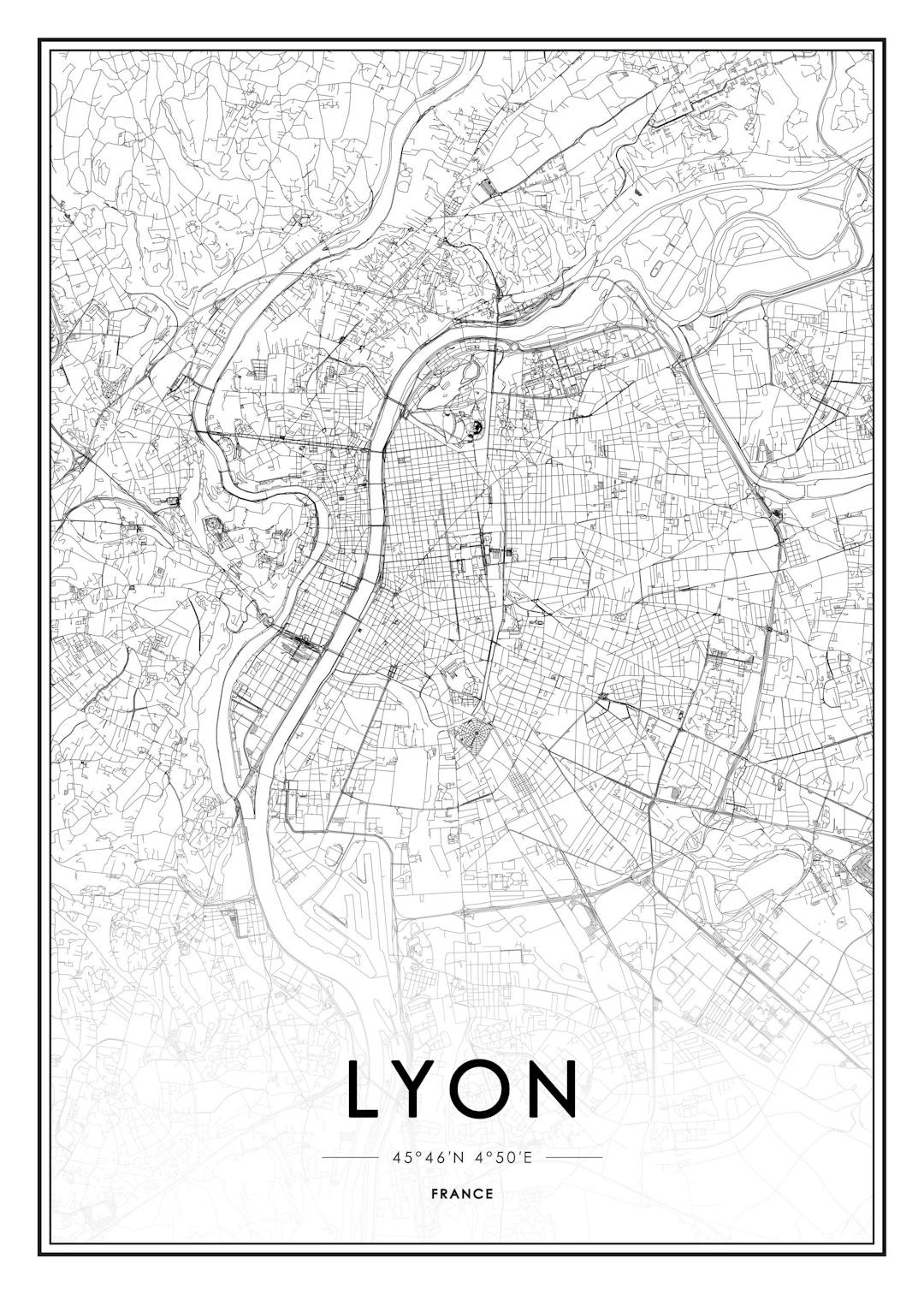 Affiche de Lyon, carte topographique détaillée de la ville en noir et blanc avec typographie du nom de la ville.