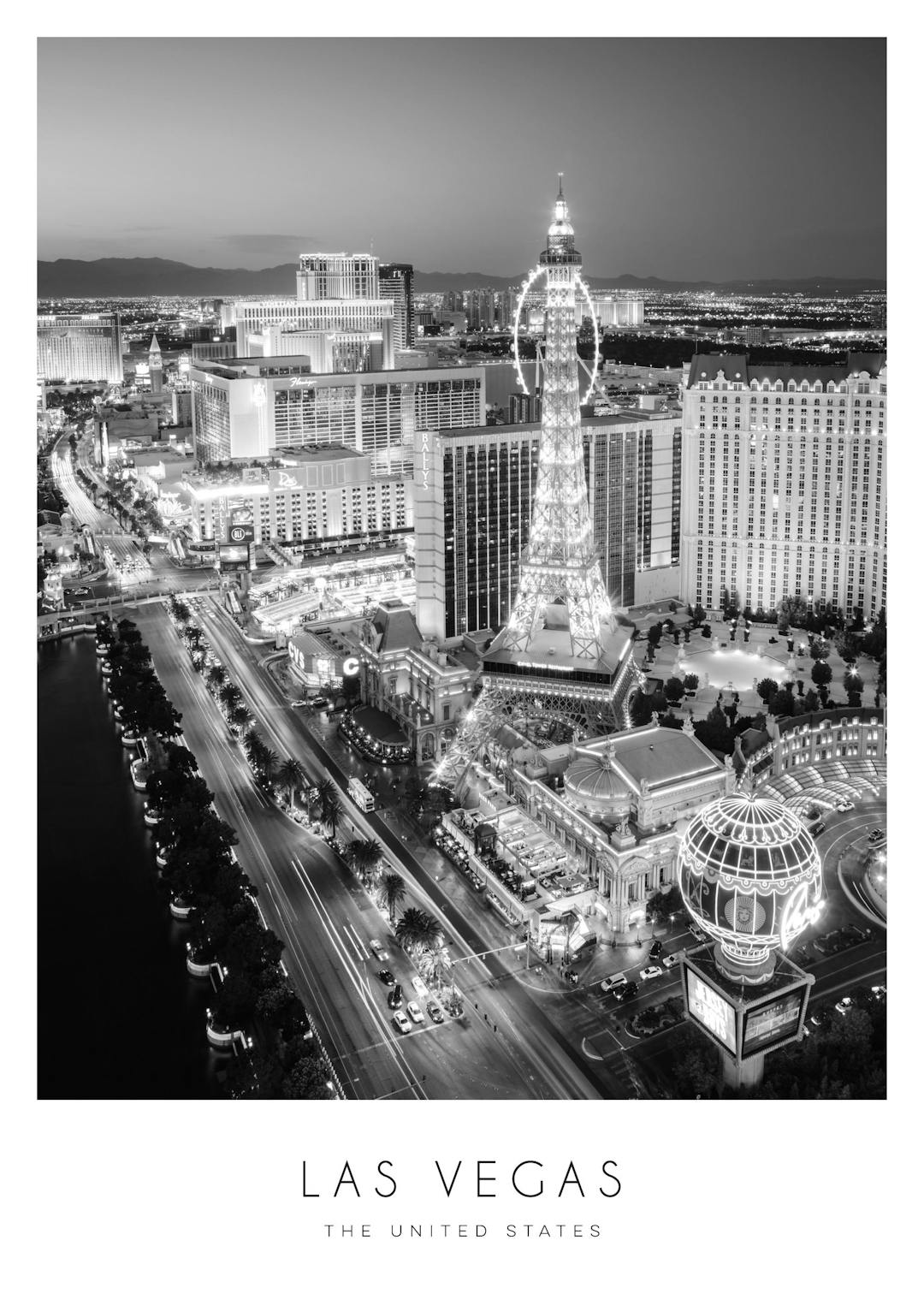 Affiche noir et blanc de Las Vegas la nuit, montrant la Tour Eiffel illuminée et les lumières de la ville.