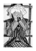 Affiche noir et blanc dune personne masquée par des liasses de billets, portant une veste rayée et des bas résille.