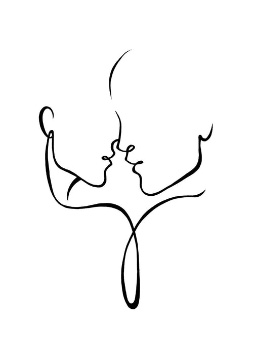 Affiche noir et blanc minimaliste avec deux visages en line art qui sembrassent presque, sur fond clair.