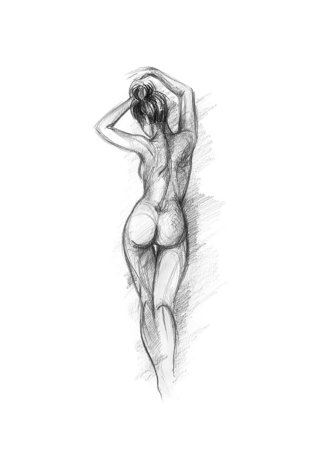 Affiche dun croquis de femme nue de dos, les bras levés, dans des tons de gris. Typographie artistique.