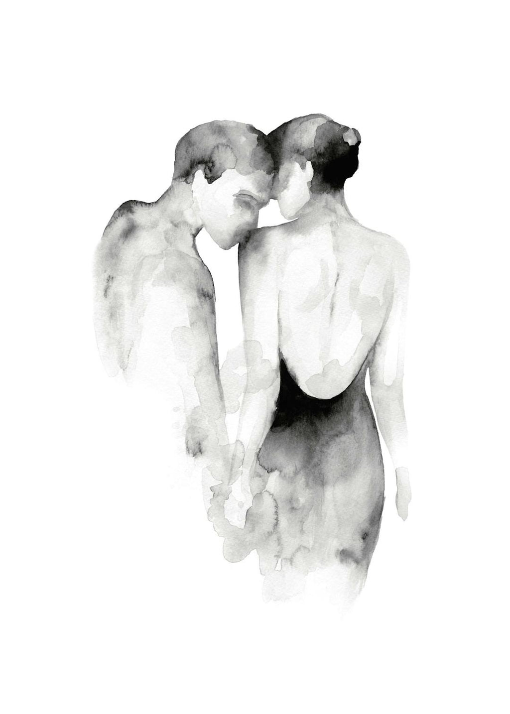 Affiche dun couple enlacé, lhomme embrassant lépaule de la femme, illustration à laquarelle noire et blanche