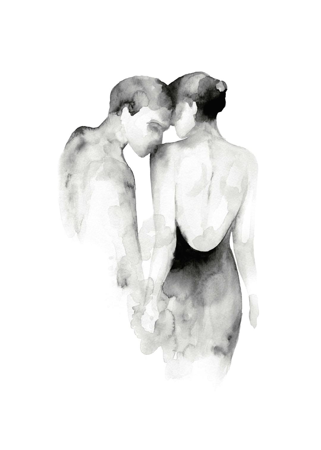 Affiche dun couple enlacé, lhomme embrassant lépaule de la femme, illustration à laquarelle noire et blanche