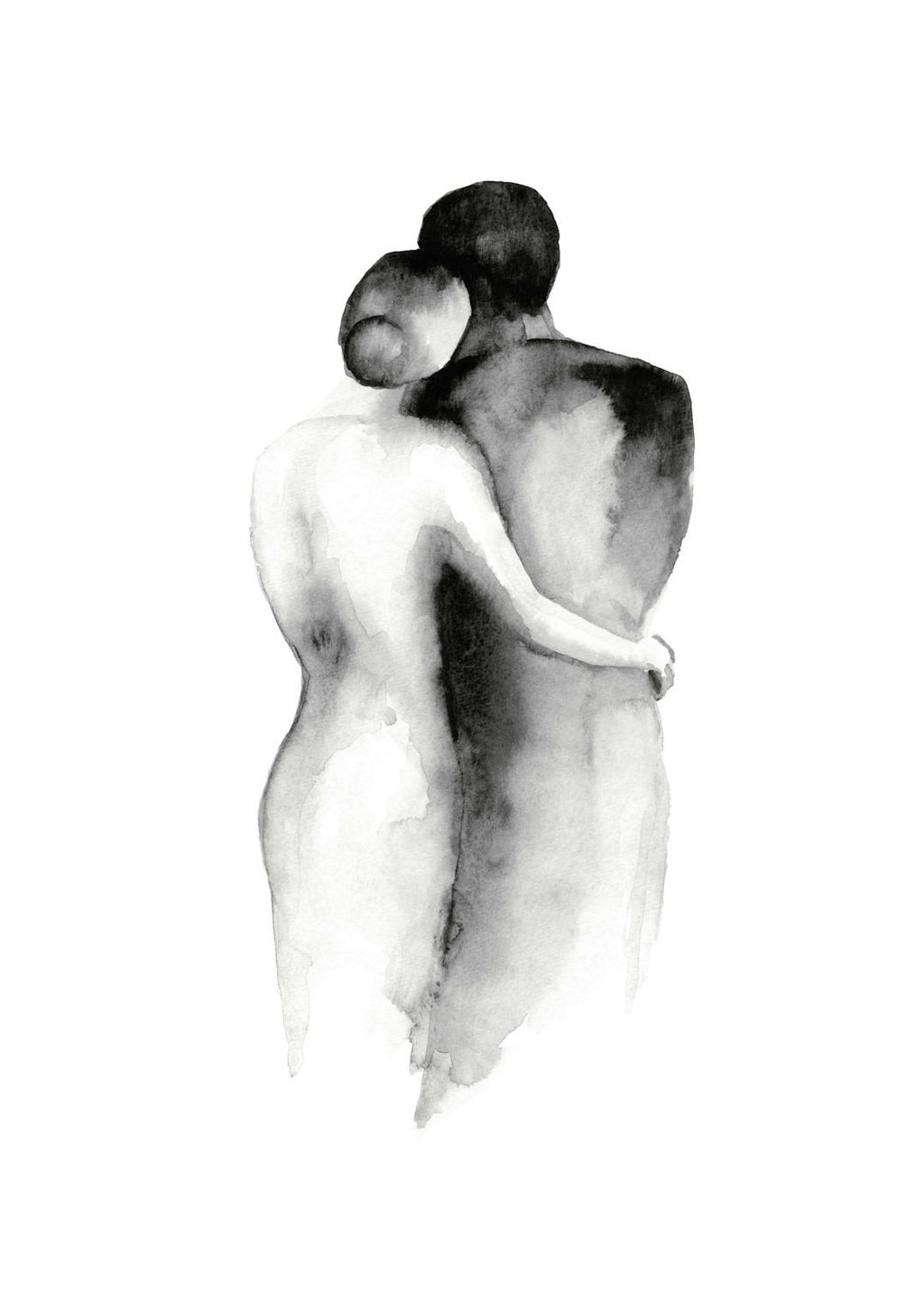 Affiche dune femme nue enlacant un homme de dos, illustration aquarelle en noir et blanc, typographie douce.