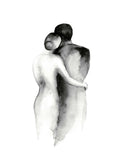 Affiche dune femme nue enlacant un homme de dos, illustration aquarelle en noir et blanc, typographie douce.