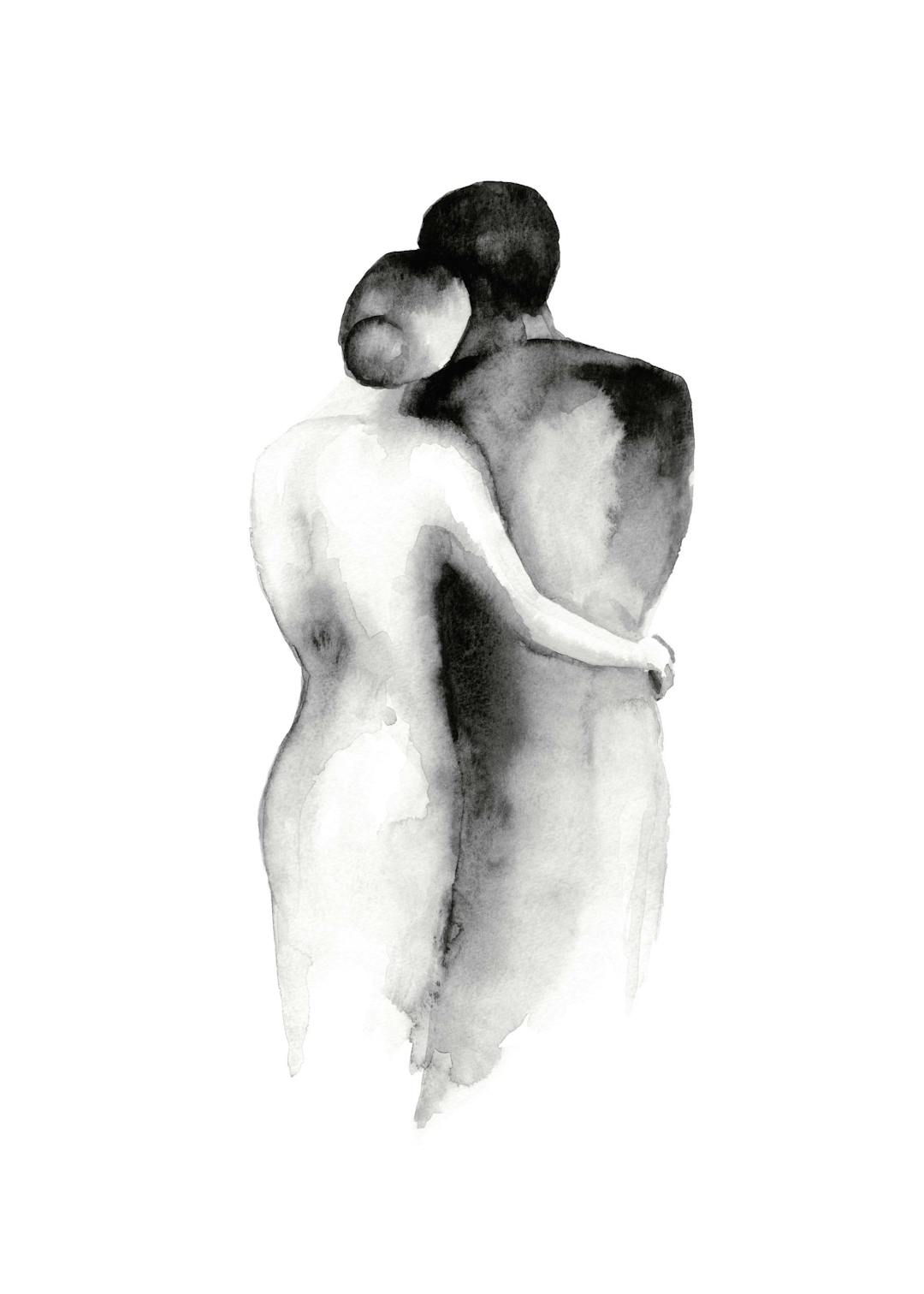 Affiche dune femme nue enlacant un homme de dos, illustration aquarelle en noir et blanc, typographie douce.