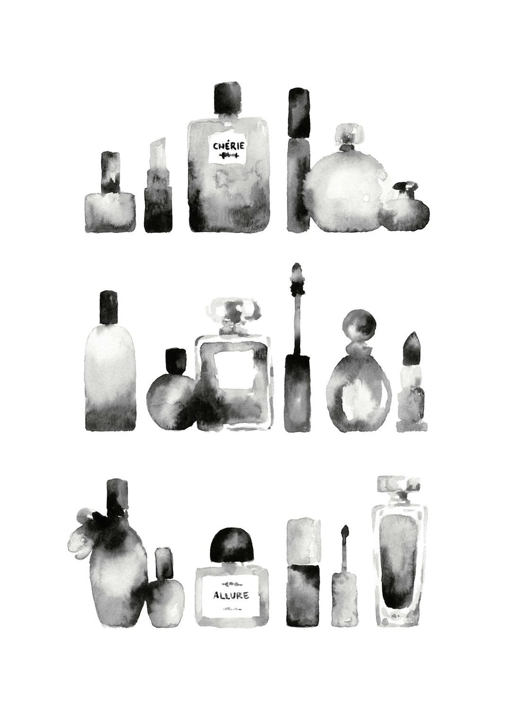 Affiche noir et blanc de flacons de parfum et de maquillage alignés en trois rangées, style aquarelle
